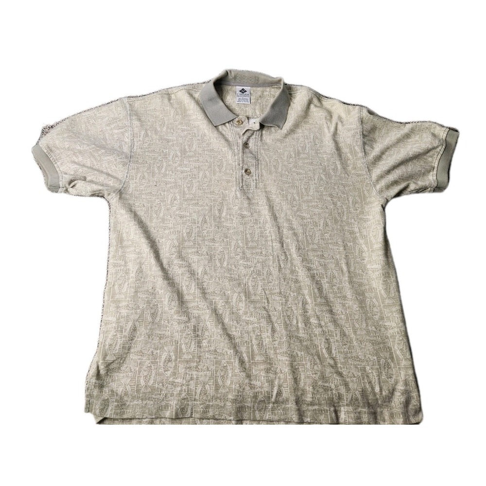 Mens‎ Columbia Sportswear CO Taupe/White Fish logo Polo Shirt-L